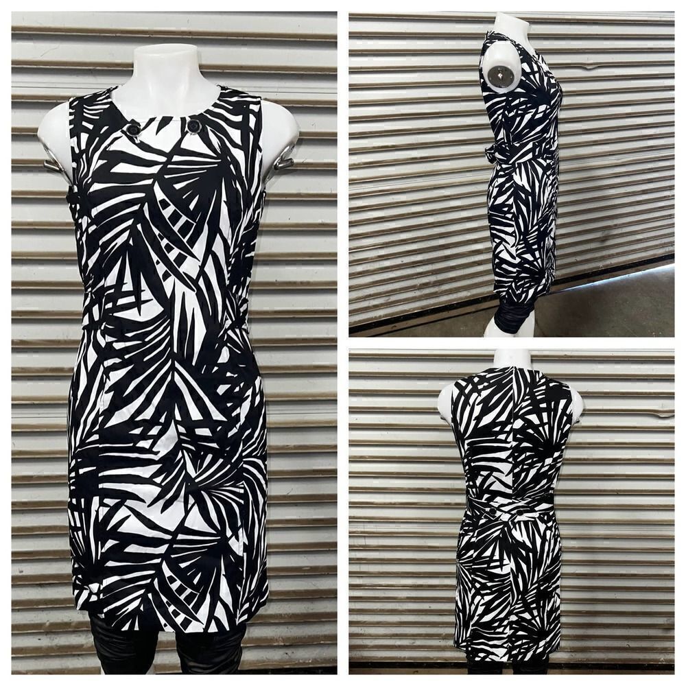 Alfani sheath dress career evening cotton blend white black palm leaf print